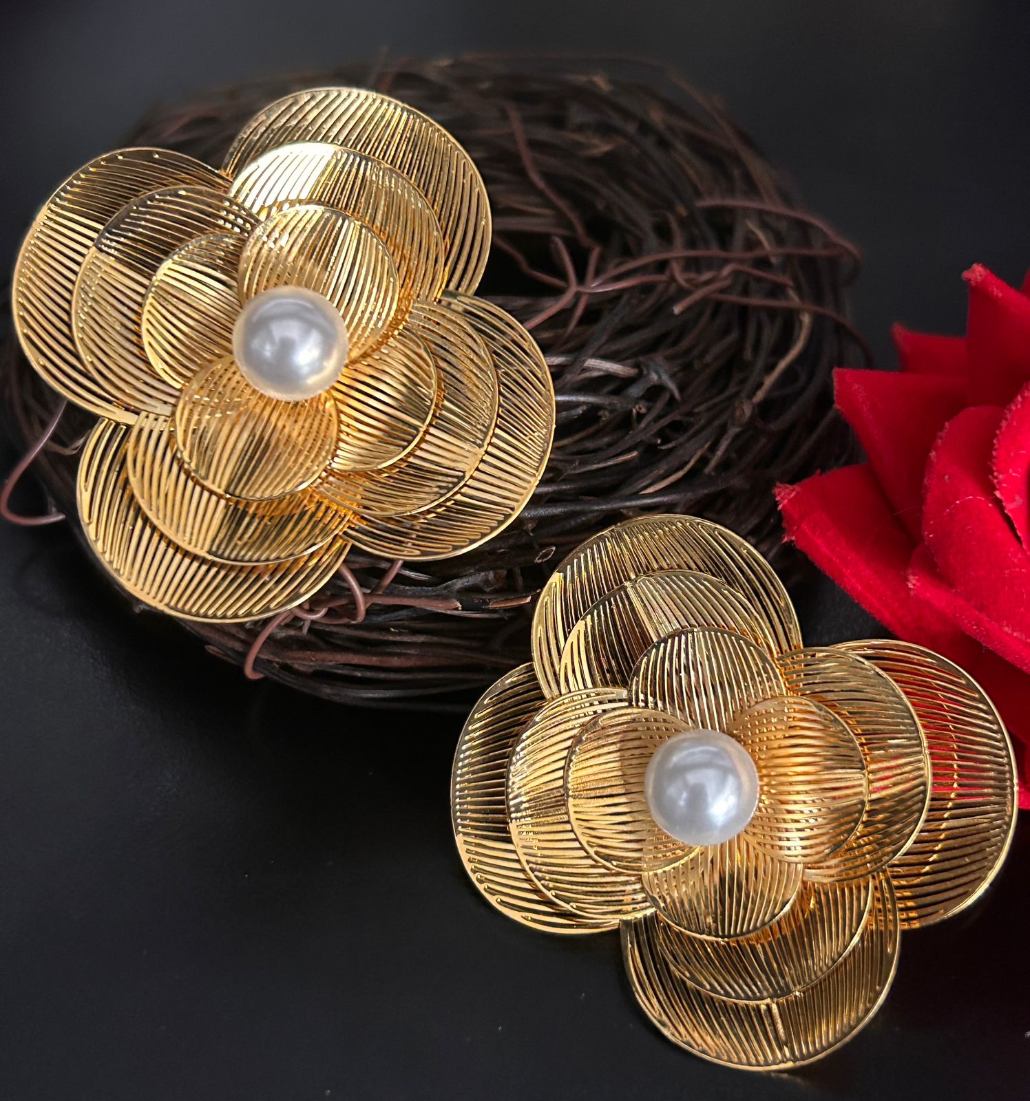 Golden Floral Pearl Stud Earrings – Elegant Party Wear